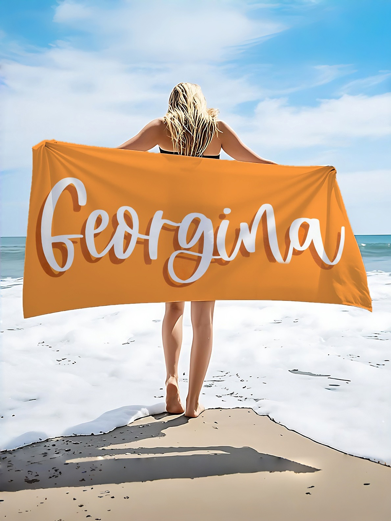 Custom Name Printed Beach Towel with Solid-Color Letter Pattern Patchwork Design